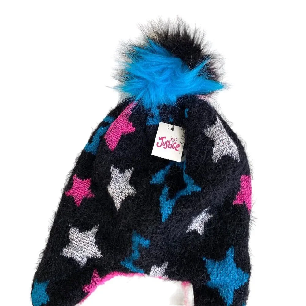 Justice Girl’s Letter K One Size Pom Pom Hat Sherpa Lined Stars Black Blue‎ Pink